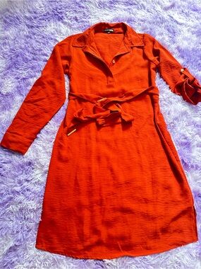 Fashion Nova Orange Long Sleeve Belted Shirt Dress